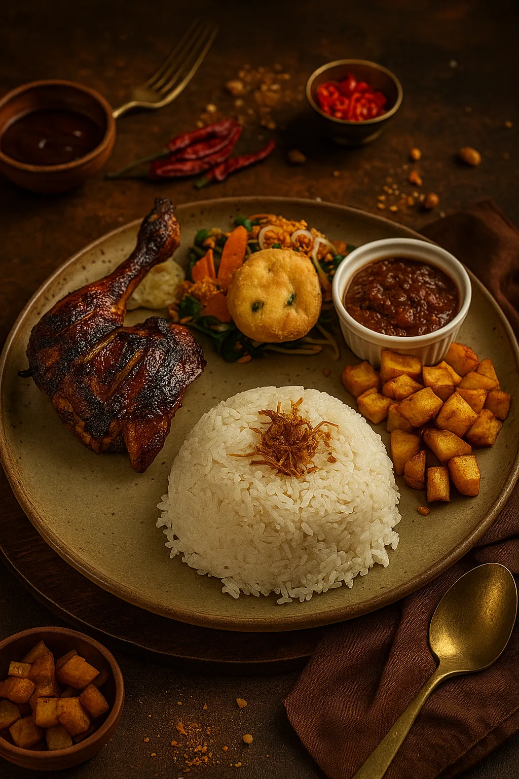 Plate of rice with grilled chicken and side dishes