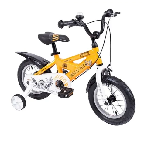 Yellow Muddy Fox children's bicycle with training wheels