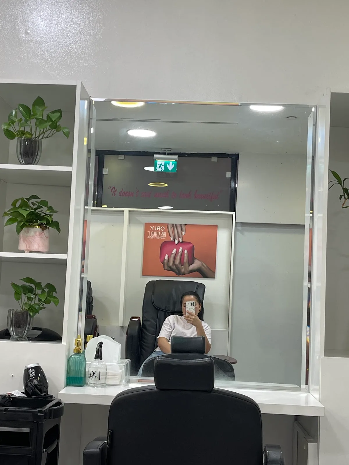 A styling station inside Kim's Beauty Salon