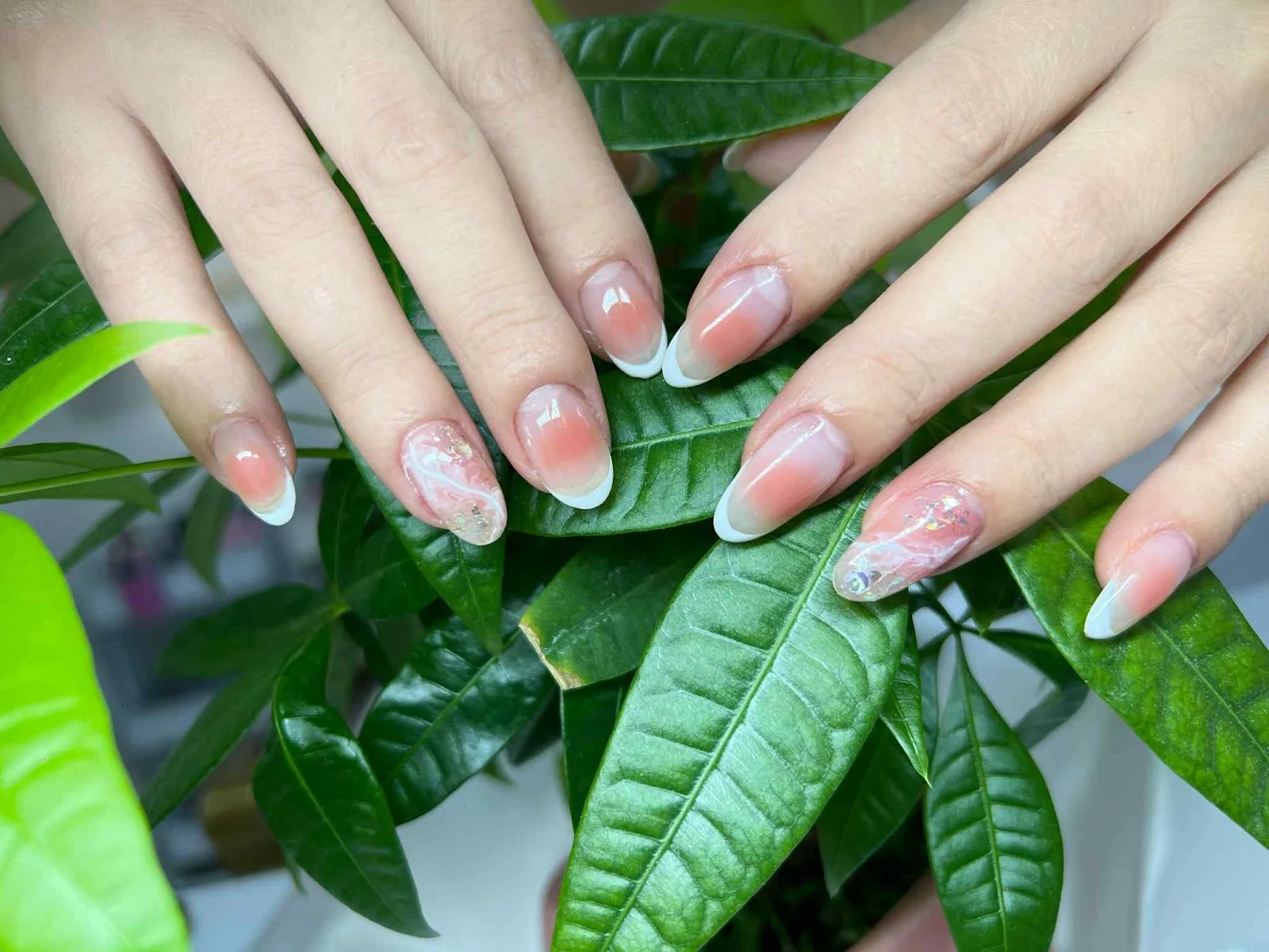 Peach ombre French nails with fine line art