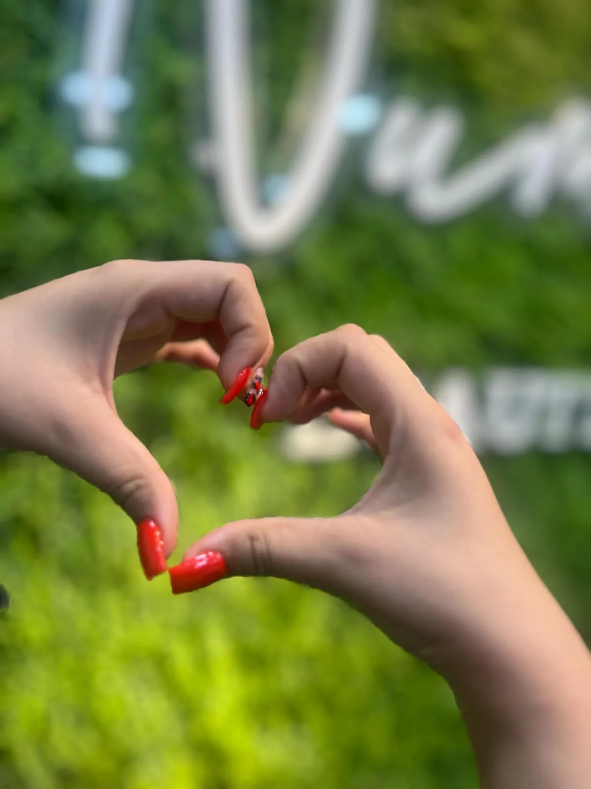 Client showing red manicured nails in front of the Numidia greenery sign