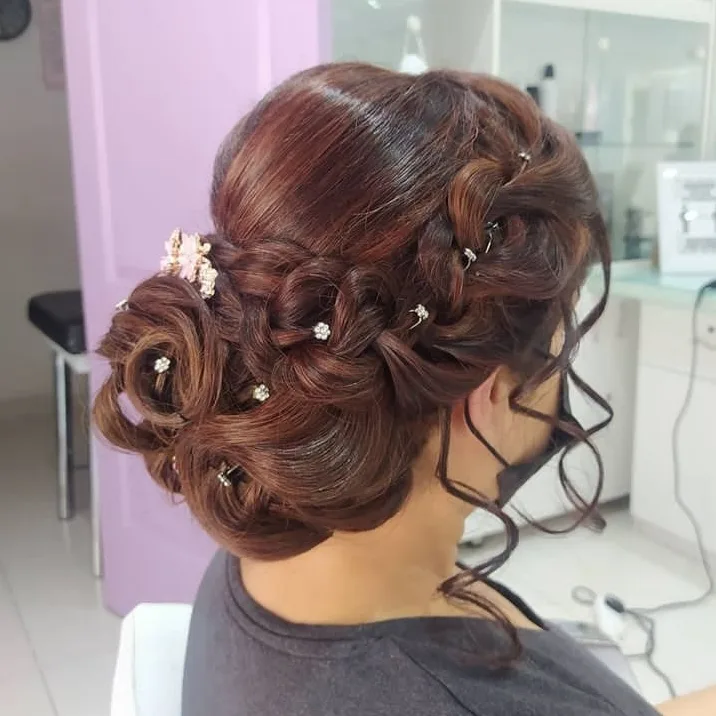 Bridal floral updo styled at the salon