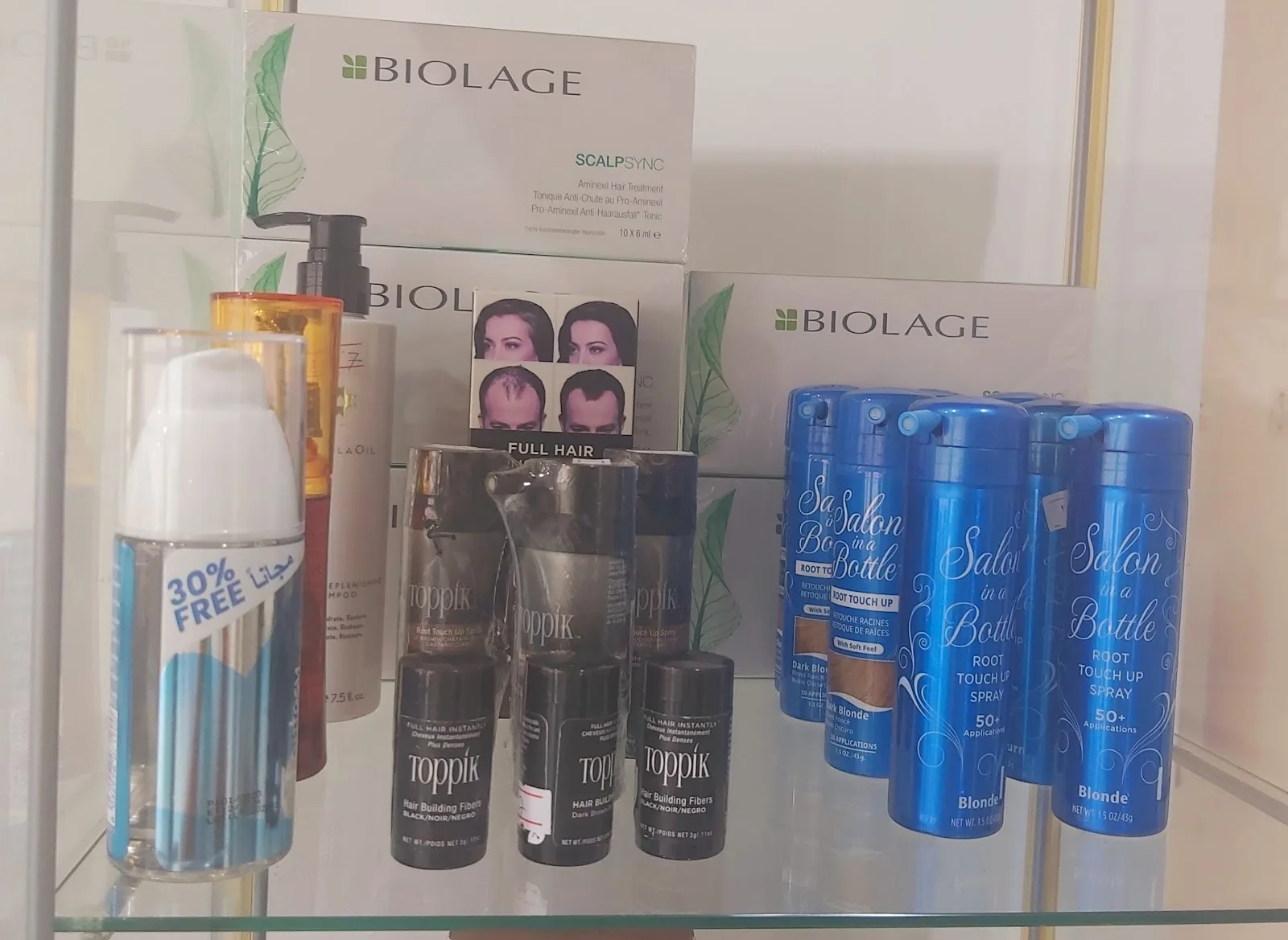 Biolage professional hair products on display at Aroushi Beauty Salon
