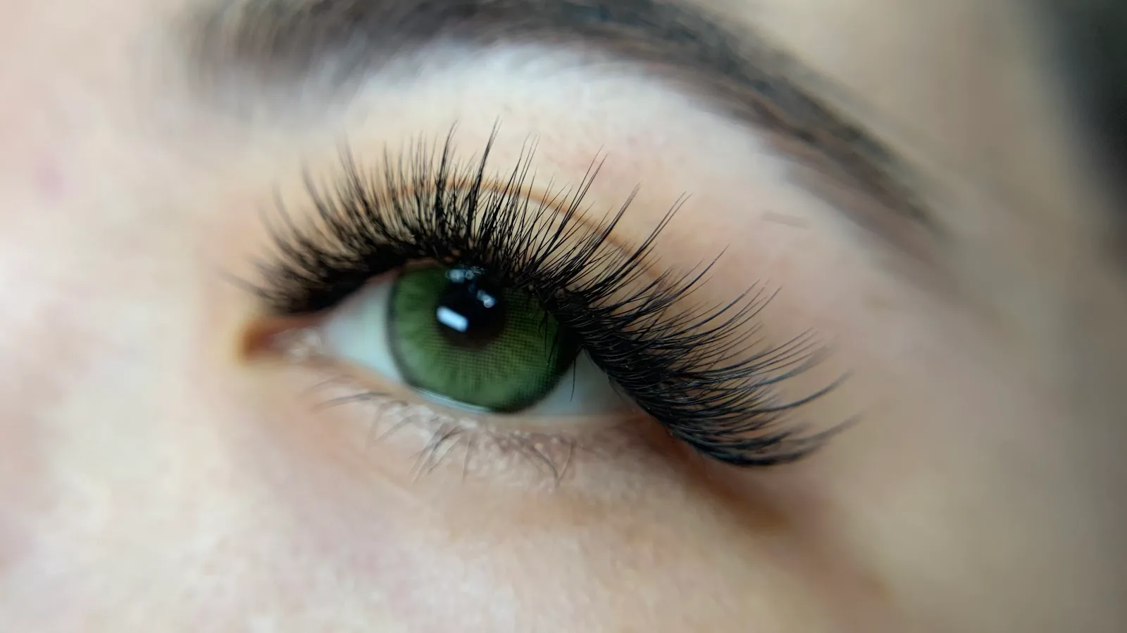 Close-up of full volume lash extensions on a green eye