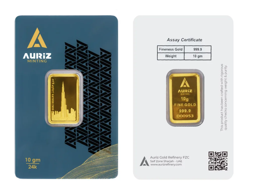 Certified Auriz fine gold bar with assay certificate card