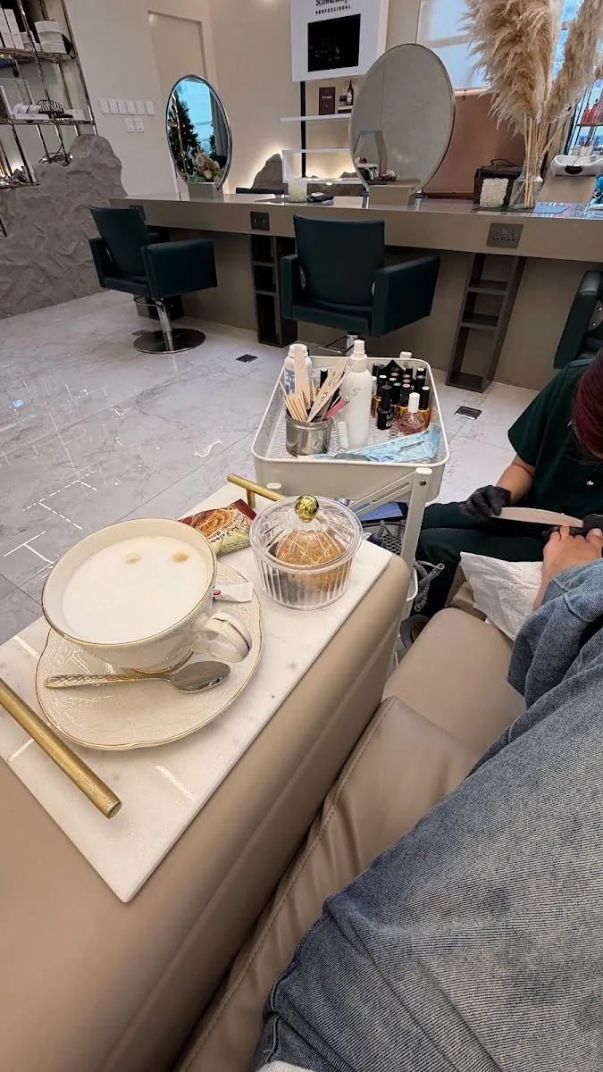 Pedicure lounge with marble side table