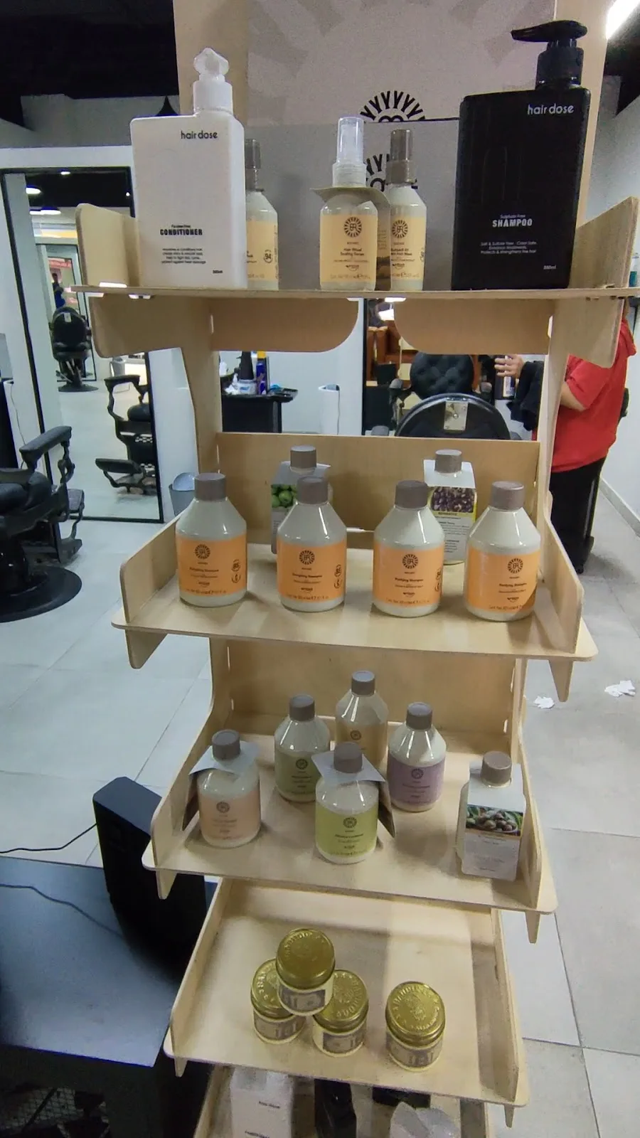 Hair care and grooming products on display at FIX8 Gents Salon