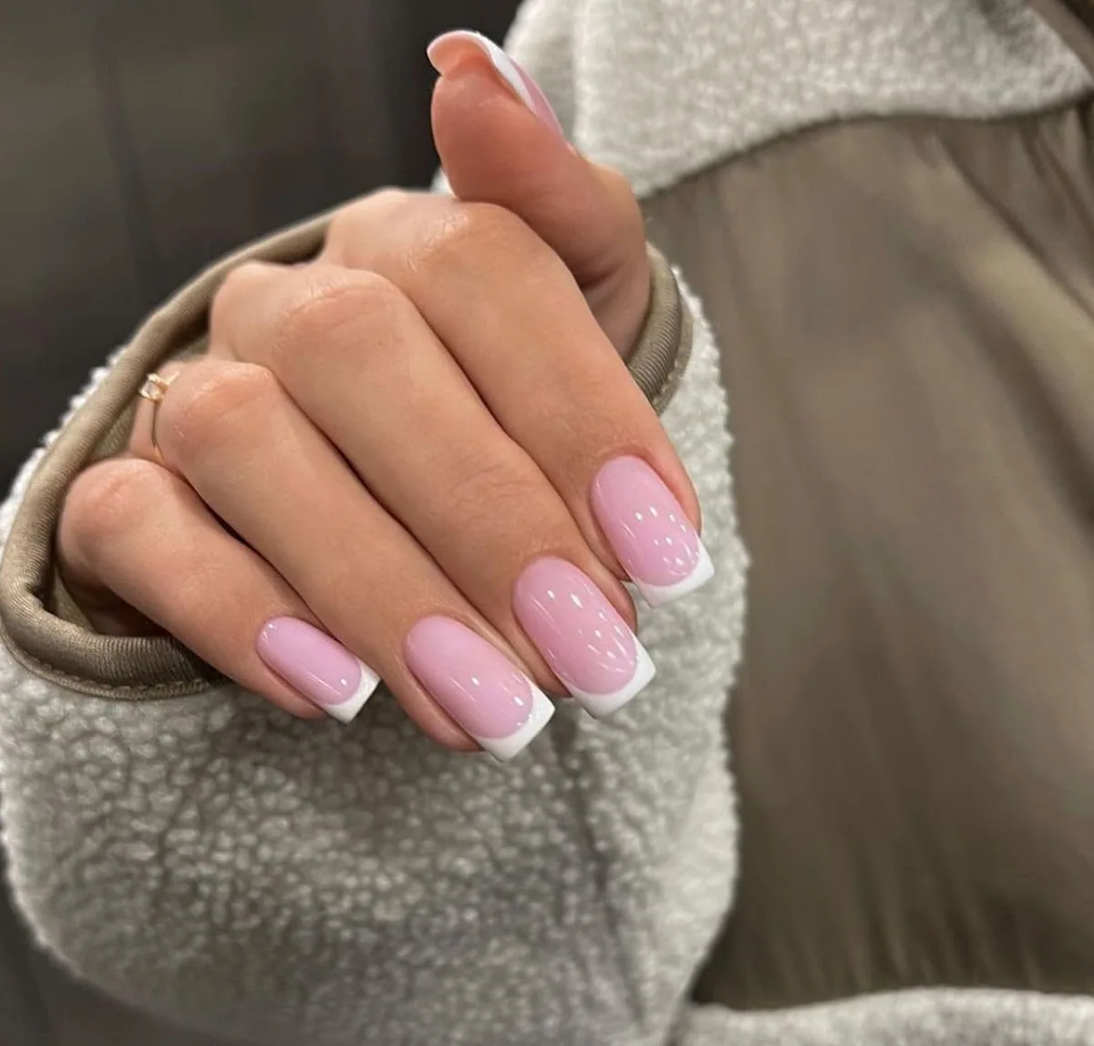 Soft pink square nails with a clean white french tip