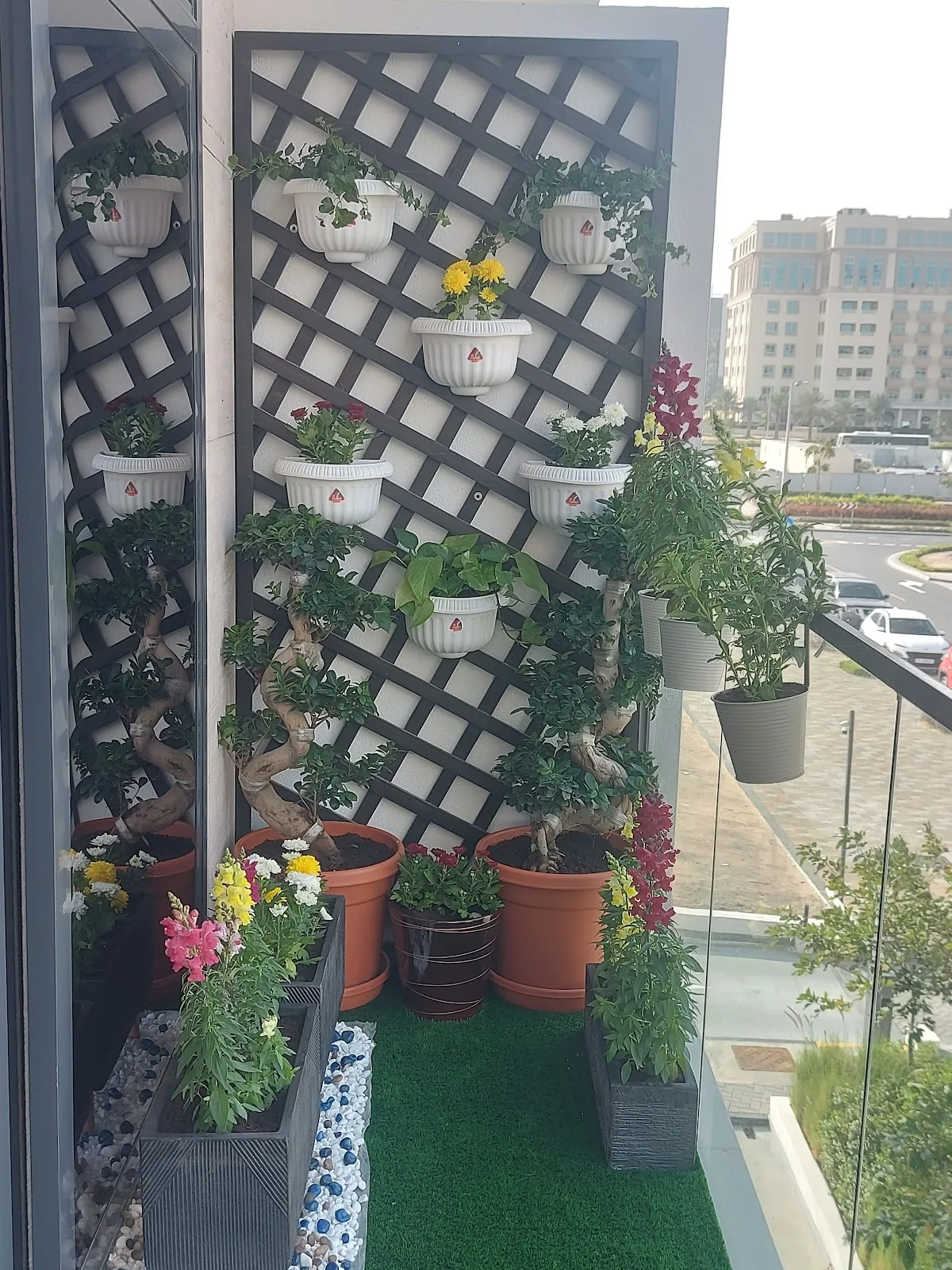 Styled Dubai balcony with trellis, hanging planters and flowering plants