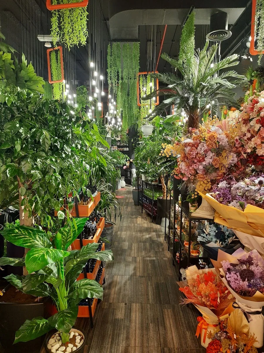 Lush plant and greenery aisle inside Dantel Flowers