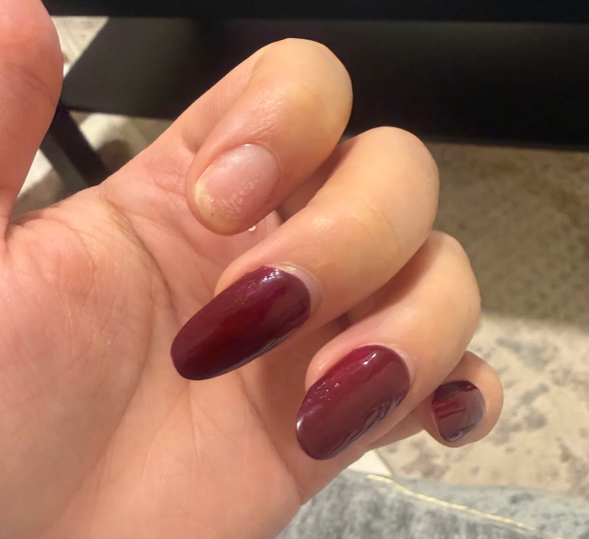 Deep burgundy gelish almond nails