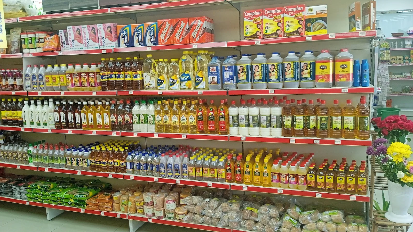 Shelves of South Indian groceries, oils and provisions