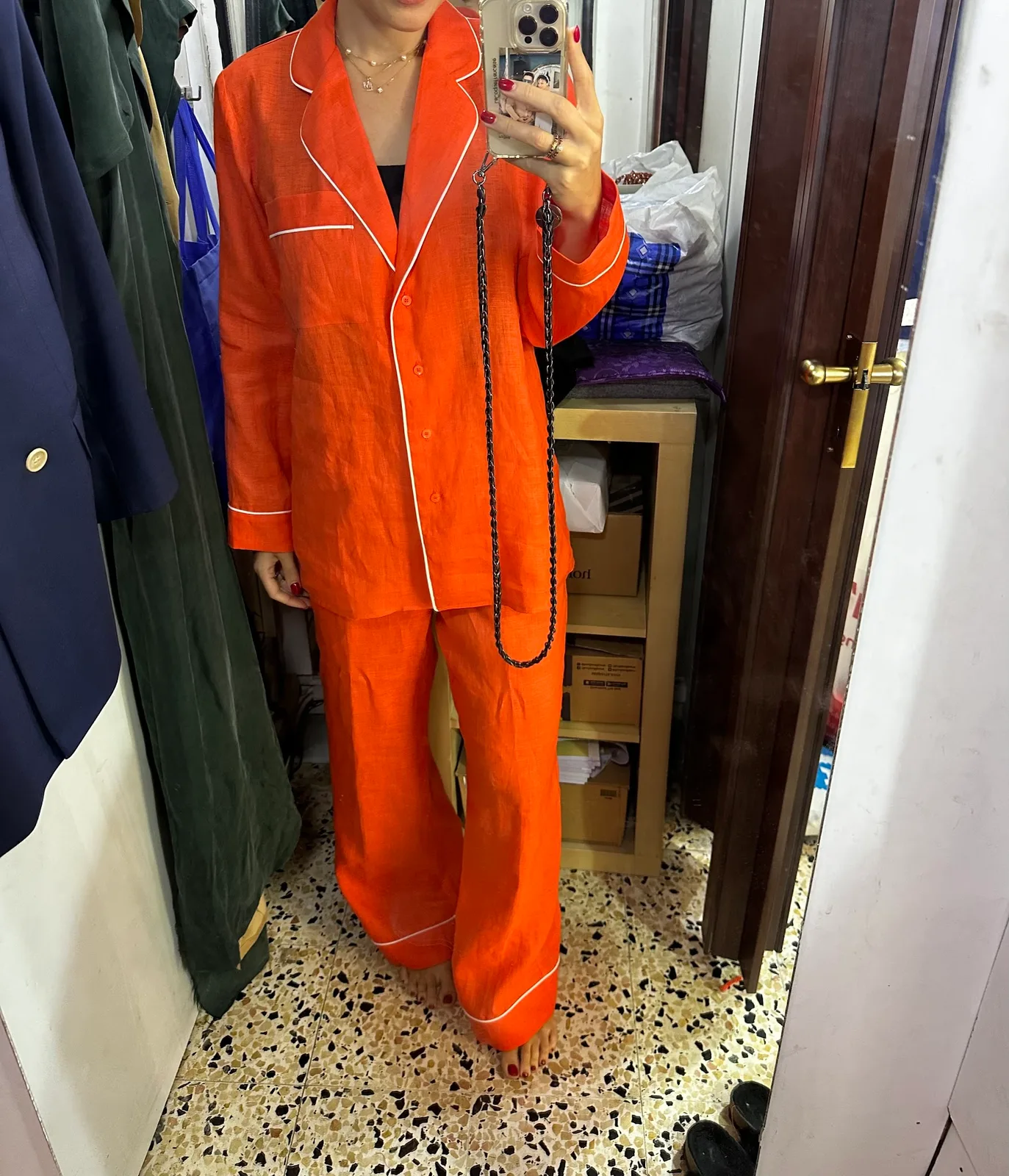 Orange linen co-ord shirt and trousers tailored to measure