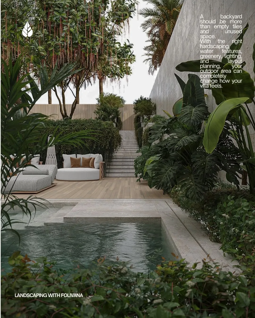 Landscaped villa courtyard with pool, deck and dense planting designed by Folivana