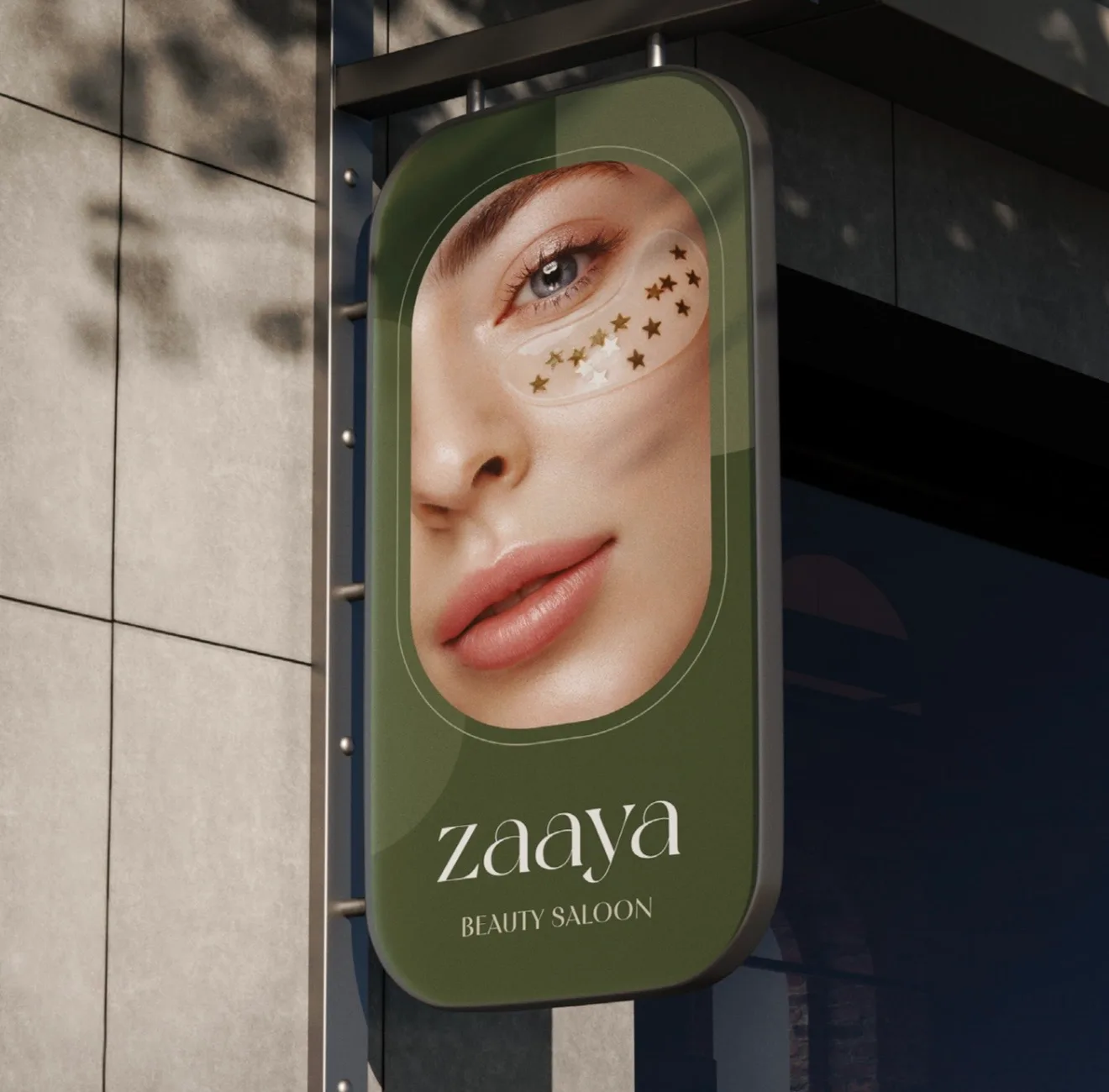 Zaaya Beauty Salon green sign with editorial beauty portrait
