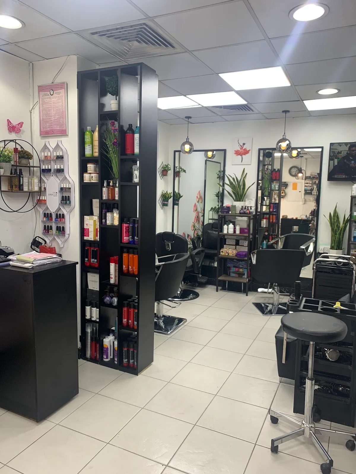 Fresh Look salon interior with styling stations and product shelves