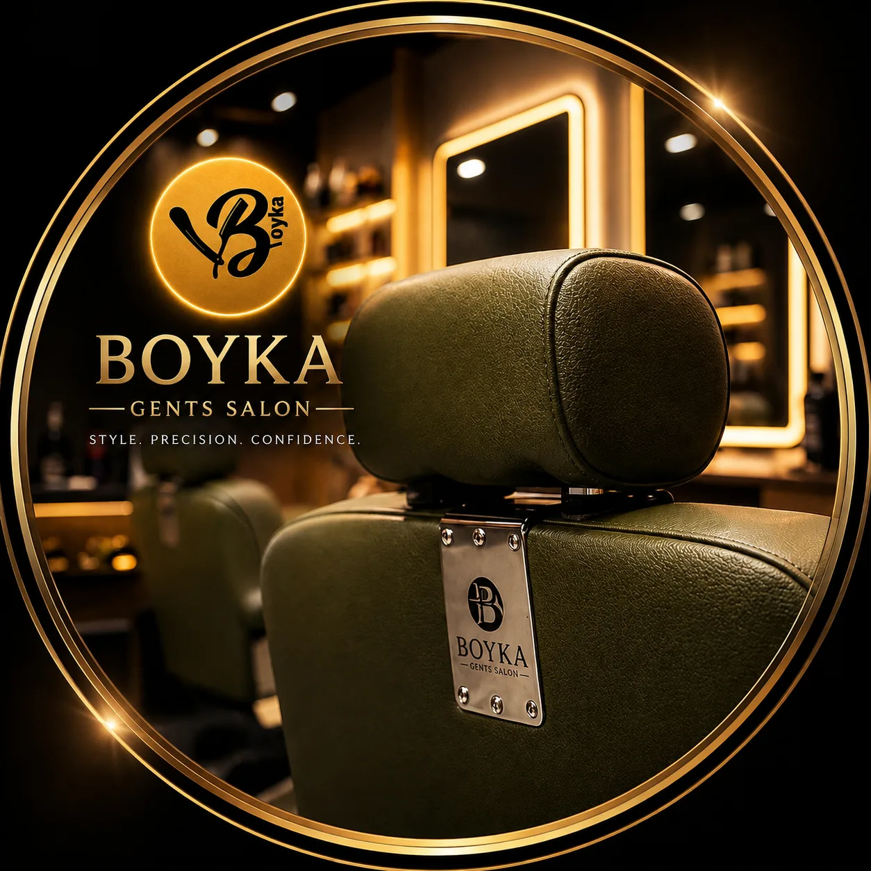 BOYKA Gents Salon olive leather barber chair with the gold brand mark