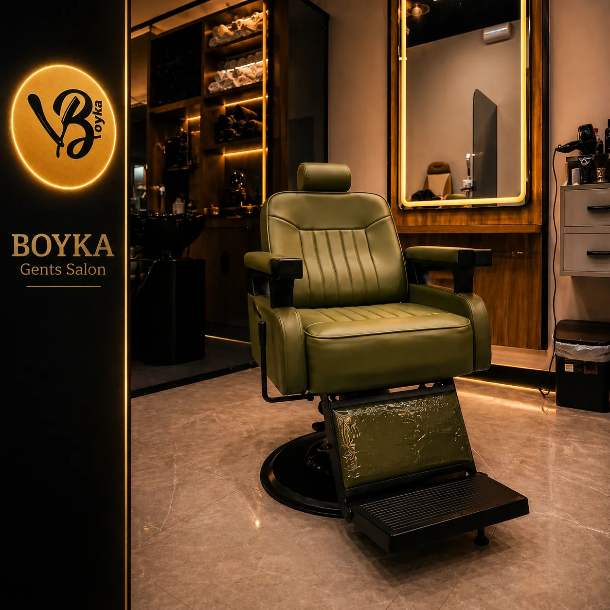 Olive BOYKA barber chair beside the gold vertical brand lockup