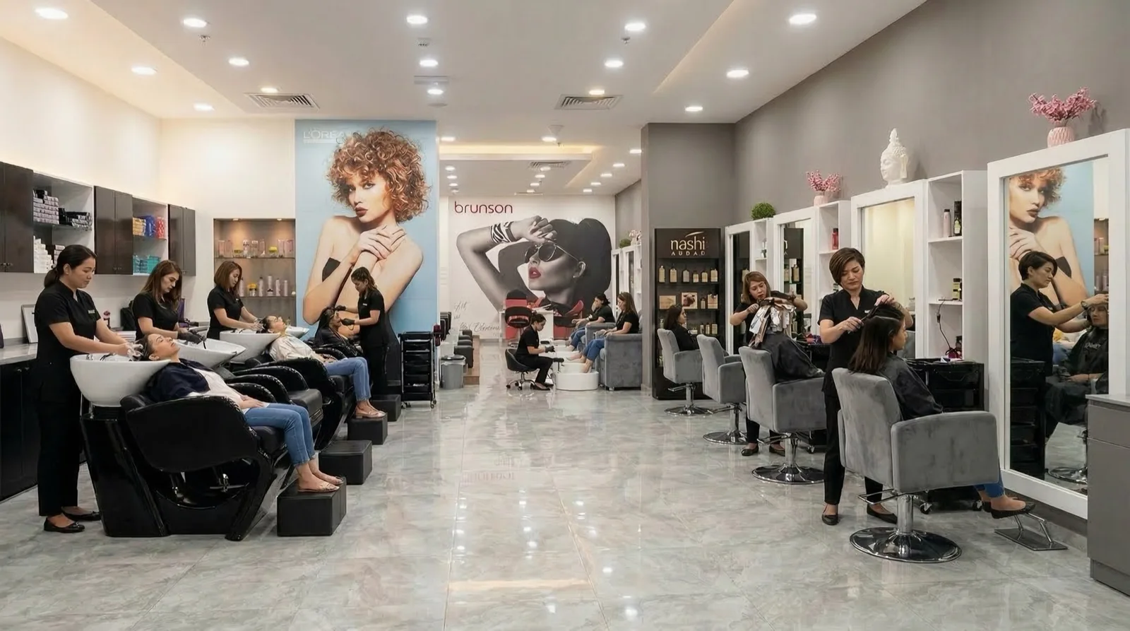 Inside Envi Style Ladies Salon — styling chairs, mirrors and a marble floor in the Al Nahda, Dubai studio