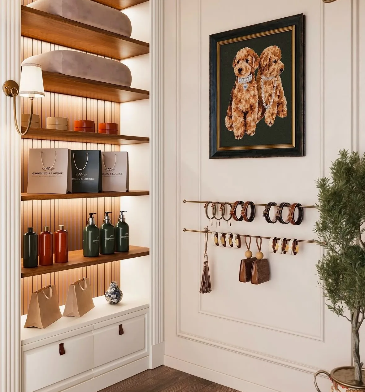 Grooming & Lounge boutique shelf with branded products, care bottles and a framed poodle portrait