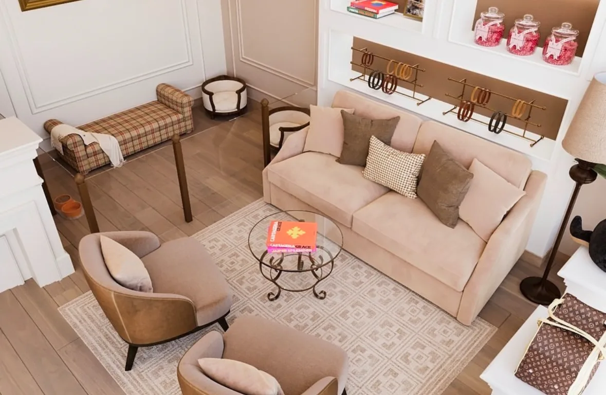 The Grooming & Lounge sitting room with a sofa, armchairs and a collar display