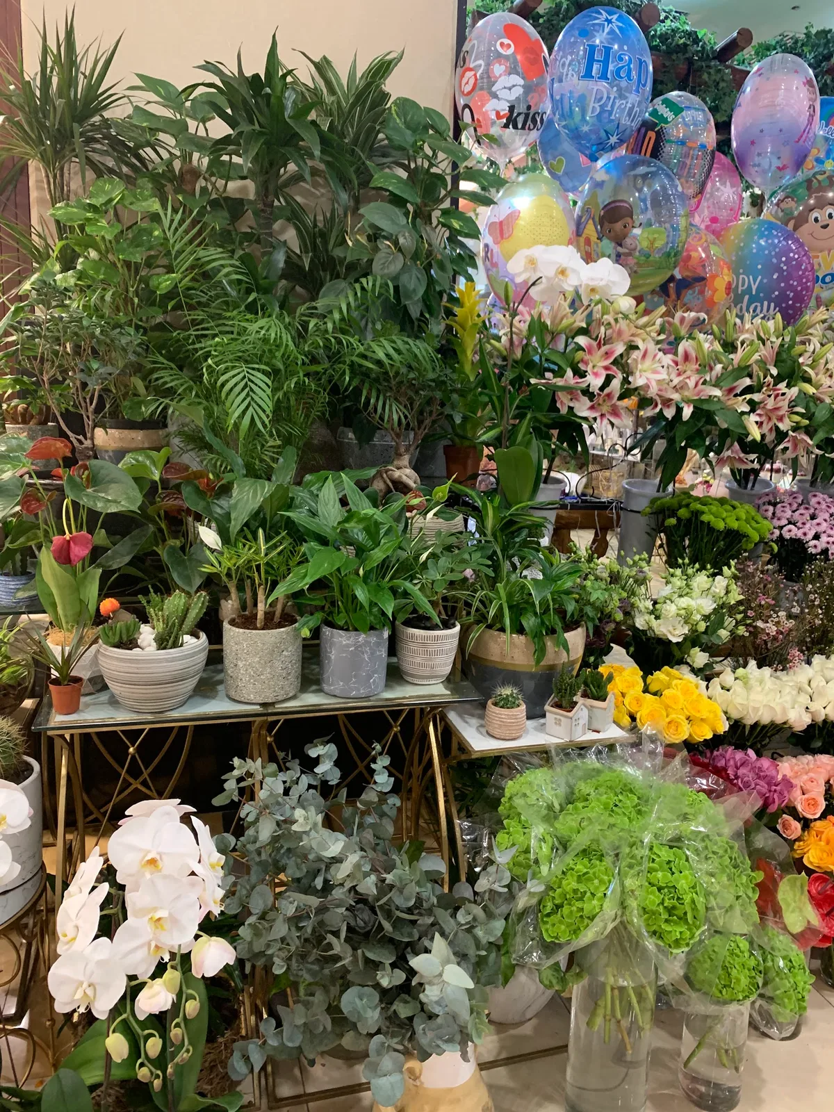 Green plants and orchids on a gold display table