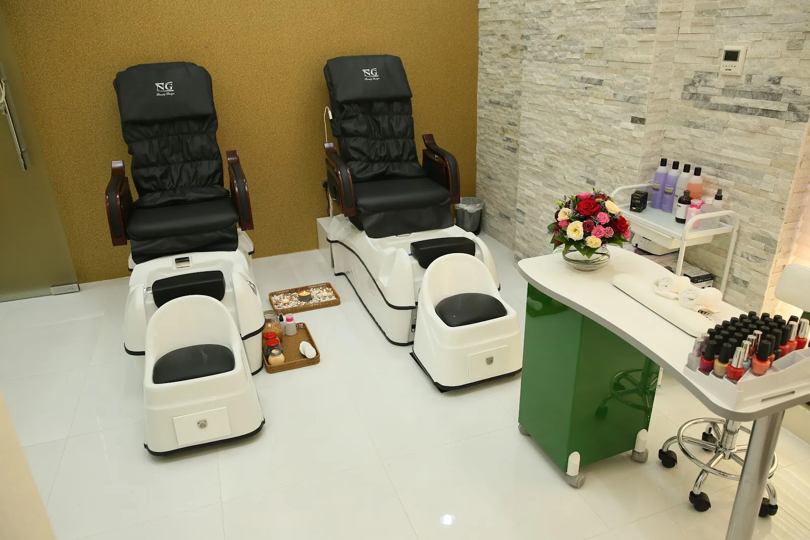 Pedicure spa chairs in a private treatment room
