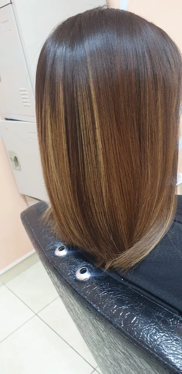 Glossy chestnut bob with highlights
