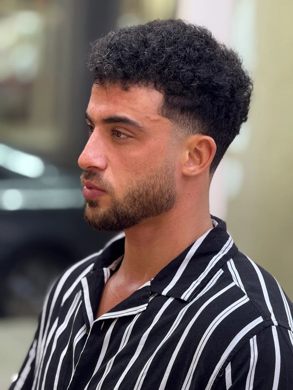 Curly crop with clean fringe and faded sides