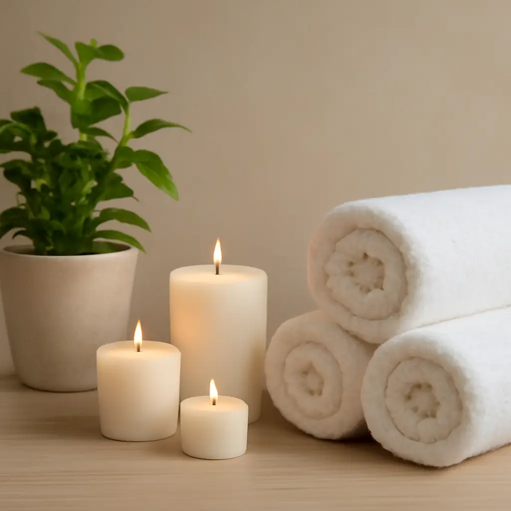 Calm treatment corner with candles and towels