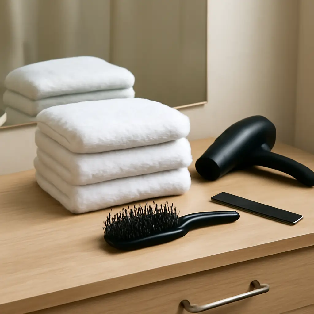 Folded towels and brush detail on a wood counter
