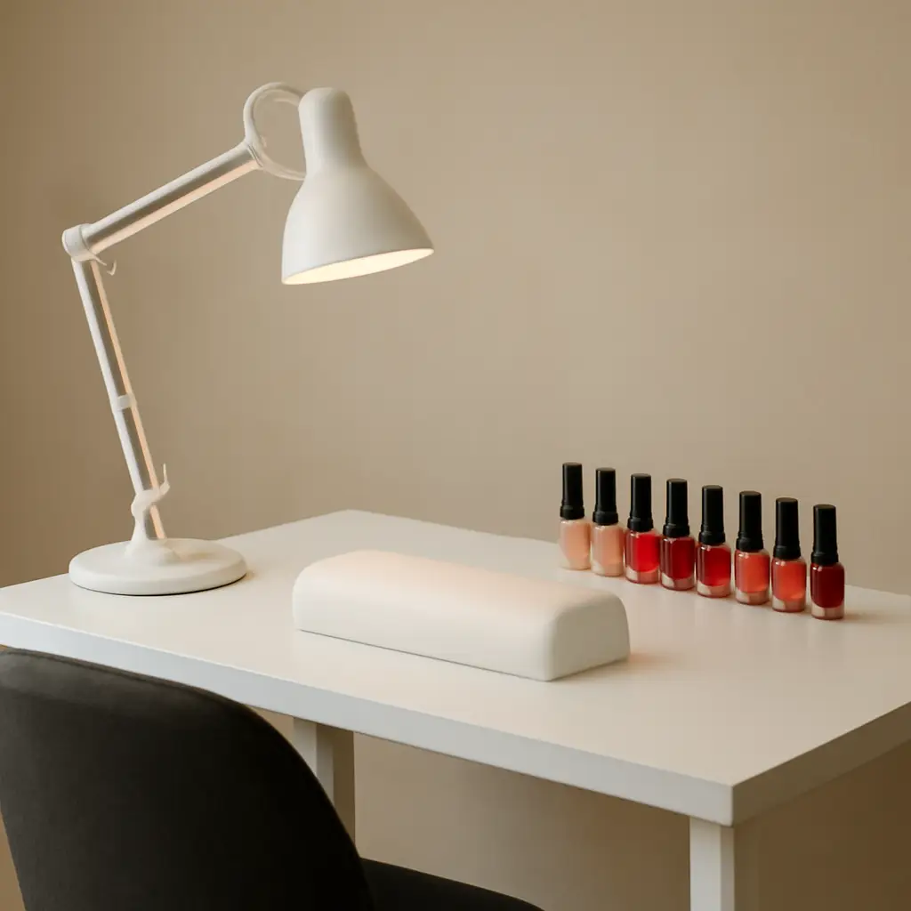 Nail care station with lamp and polishes