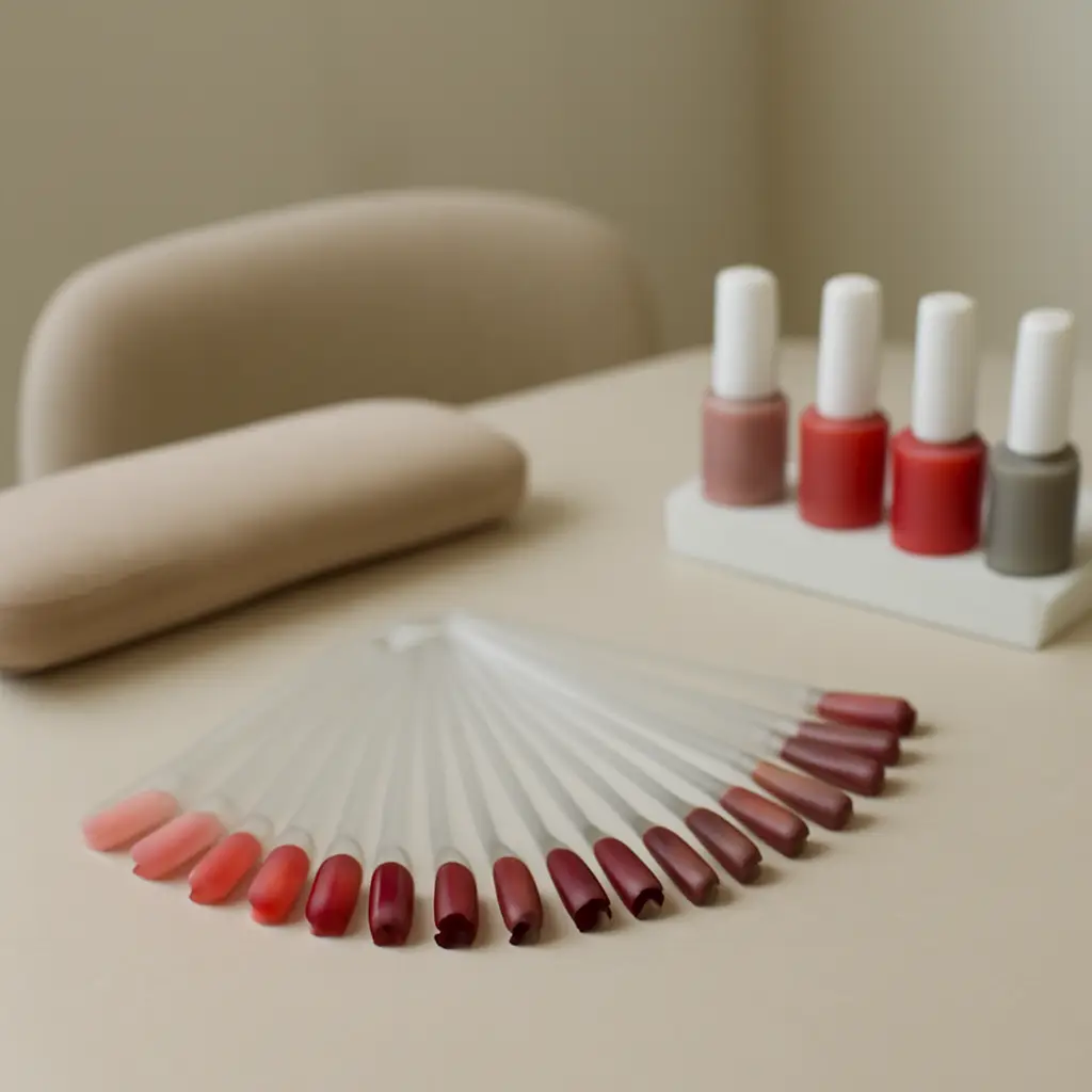 Nail colour swatch fan in warm tones