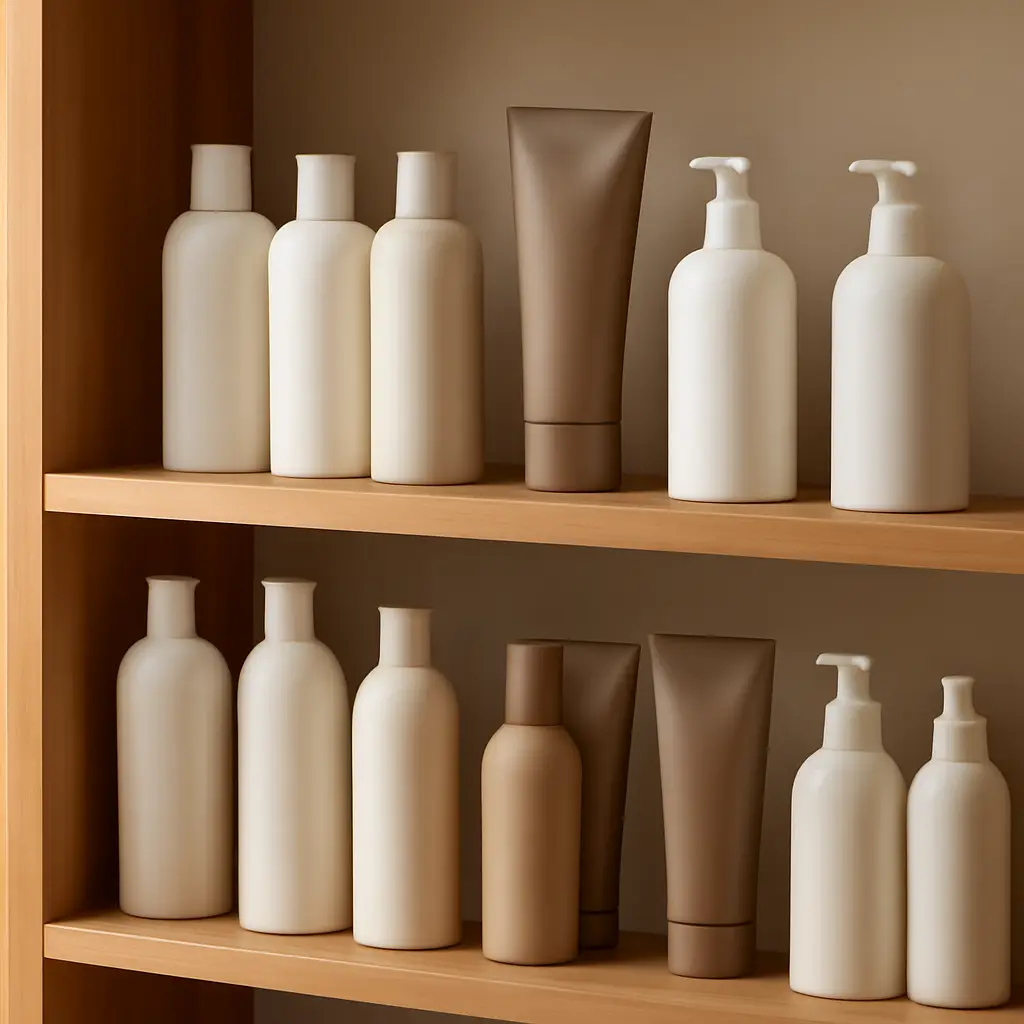 Hair care products on a shelf