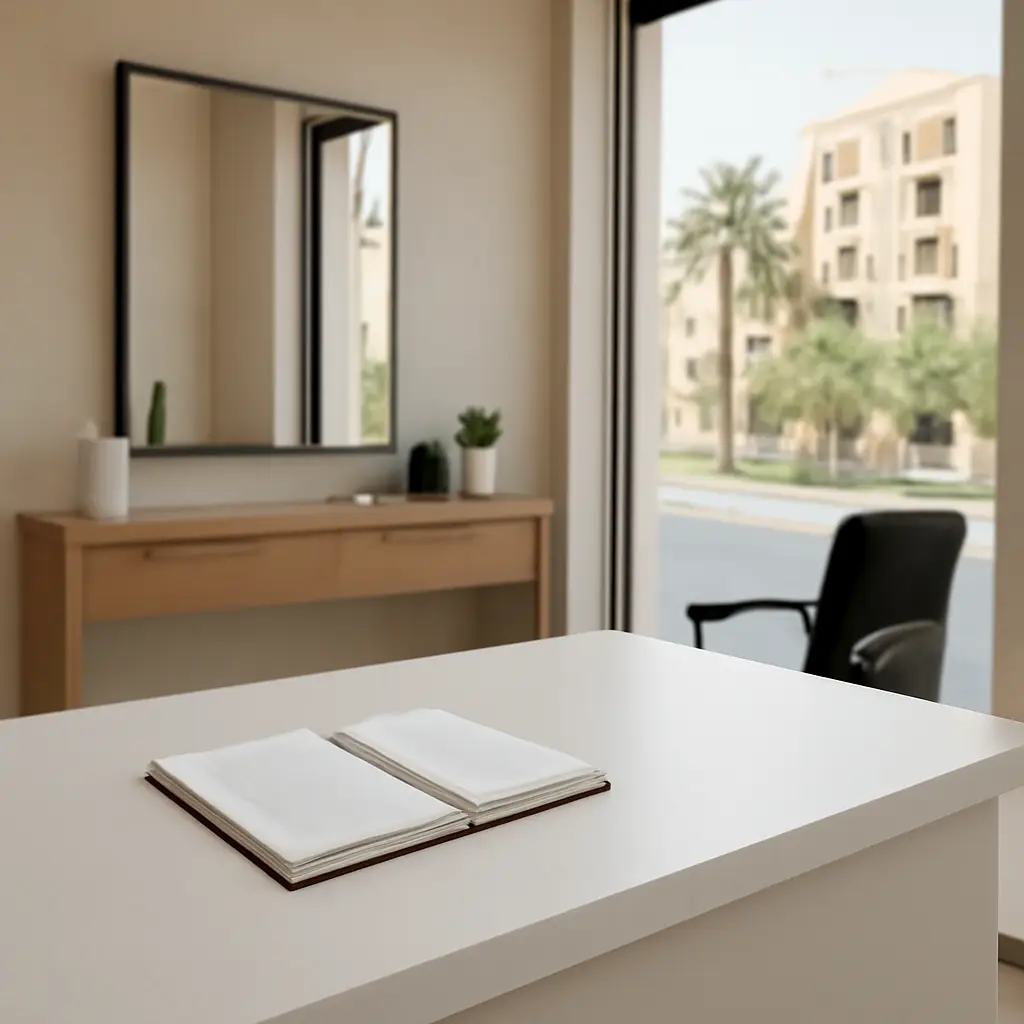 Reception counter at DQ Style with a window onto a Dubai International City street