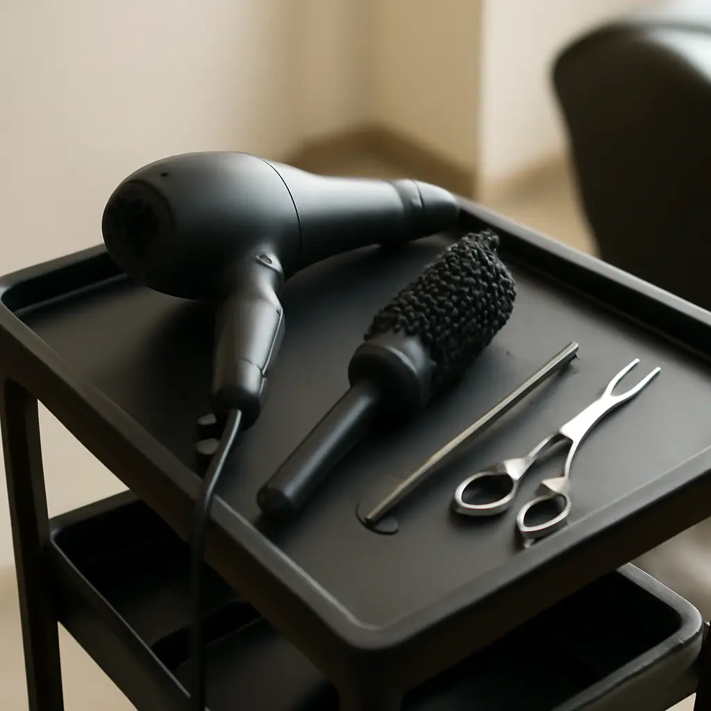 Styling tools laid out on a tray