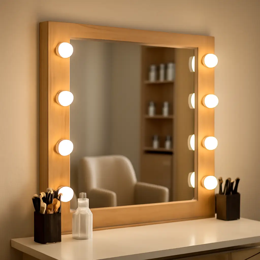Warm wood vanity mirror lit with round bulbs at DQ Style