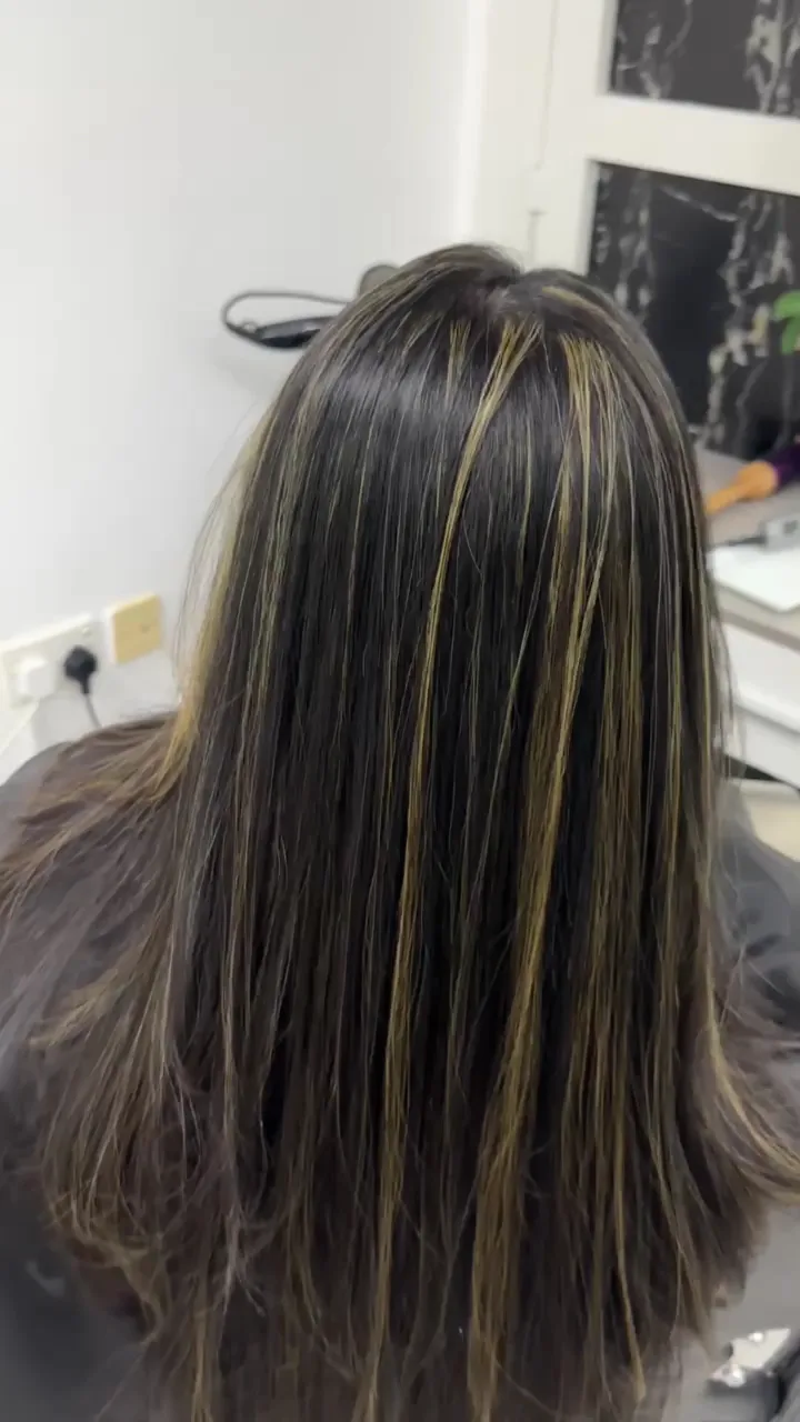 Caramel highlights blended through dark hair