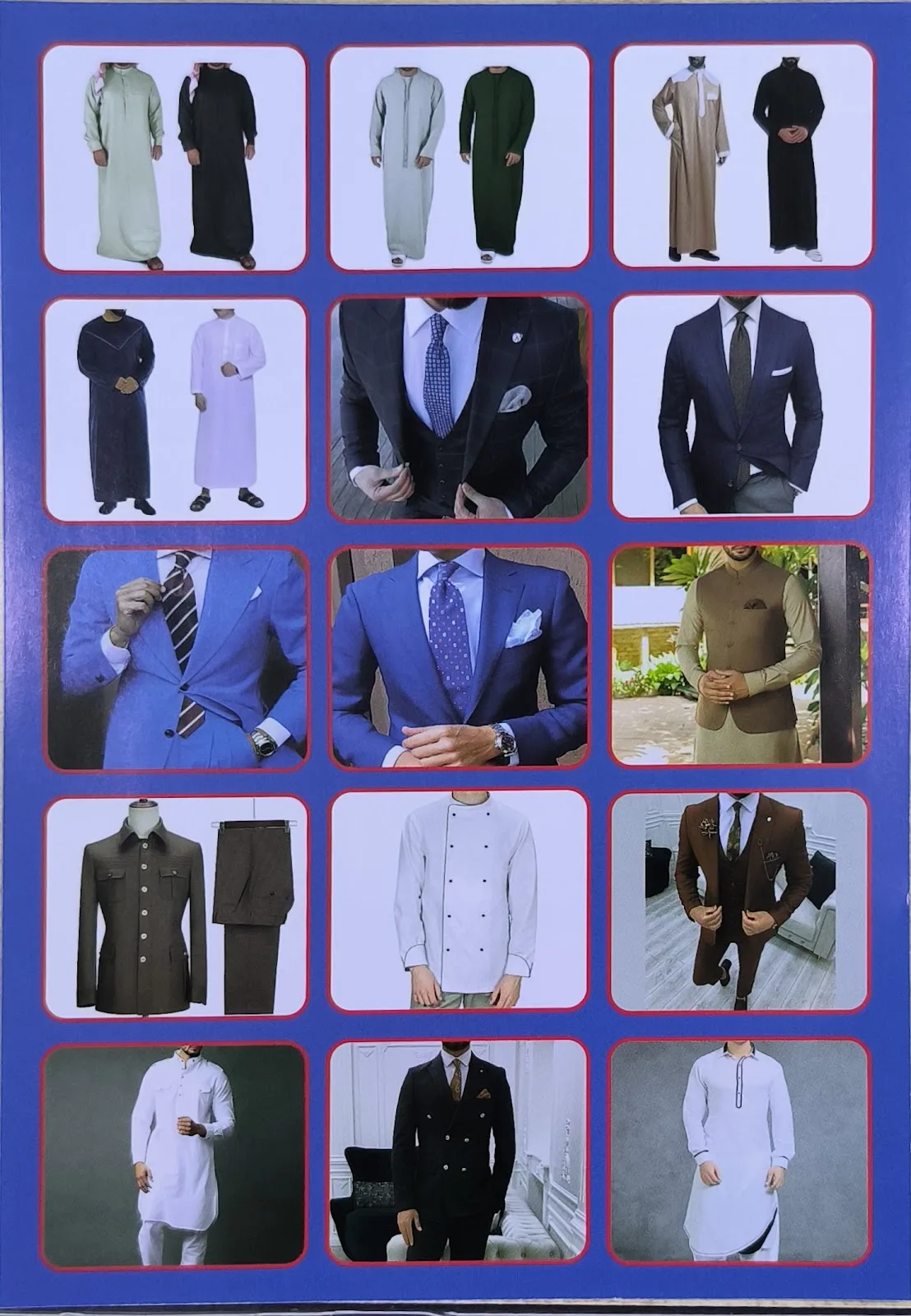 Catalogue board showing kanduras, thobes and tailored suits offered at the shop