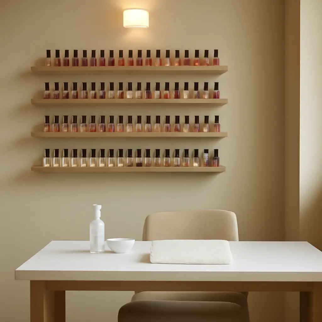 Wall of nail-polish shades above a manicure table