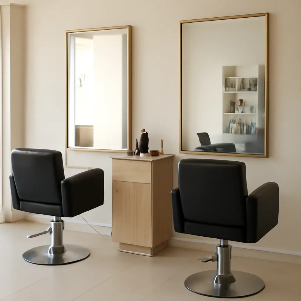 Styling stations with gold-framed mirrors inside Ayoni Ladies Beauty Salon