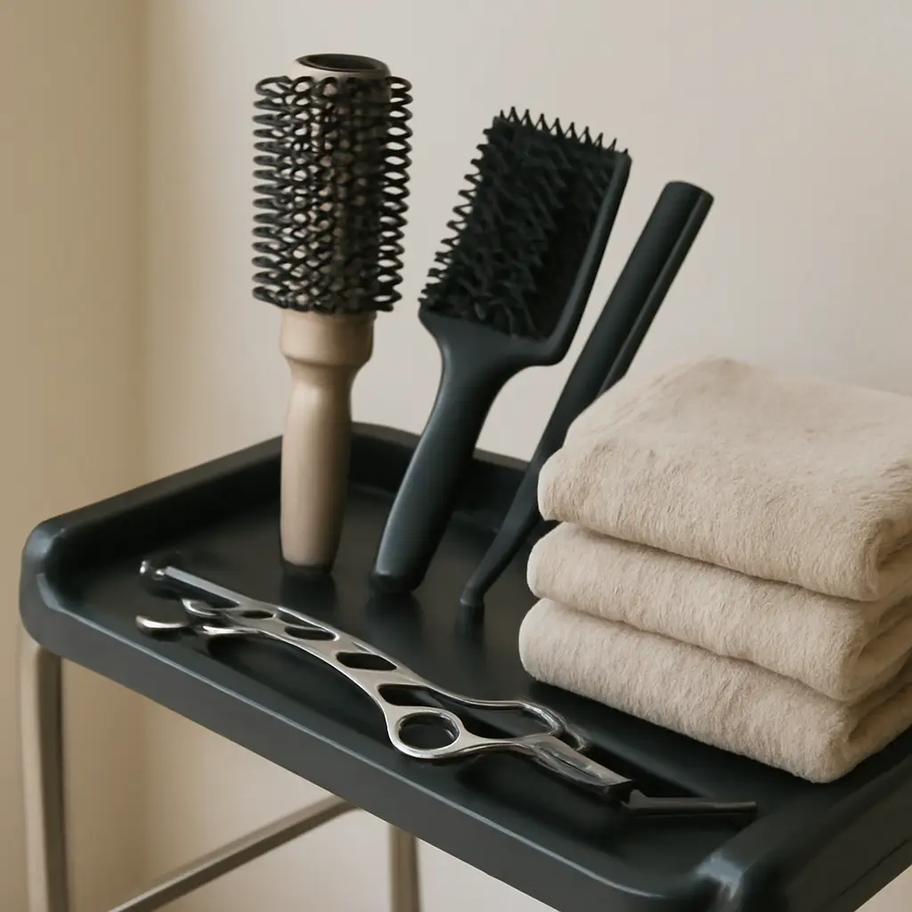 Hair brushes, shears and folded towels on a trolley