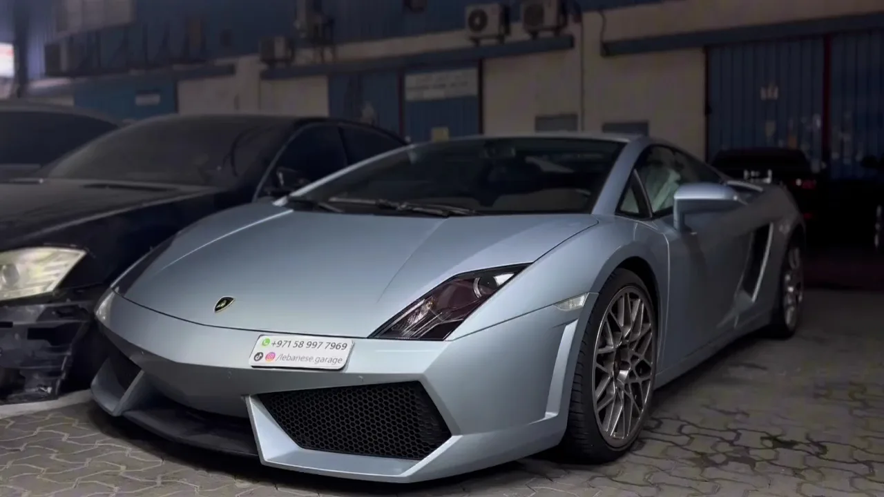 A Lamborghini Gallardo inside the Lebanese Garage service bay in Umm Ramool, Dubai