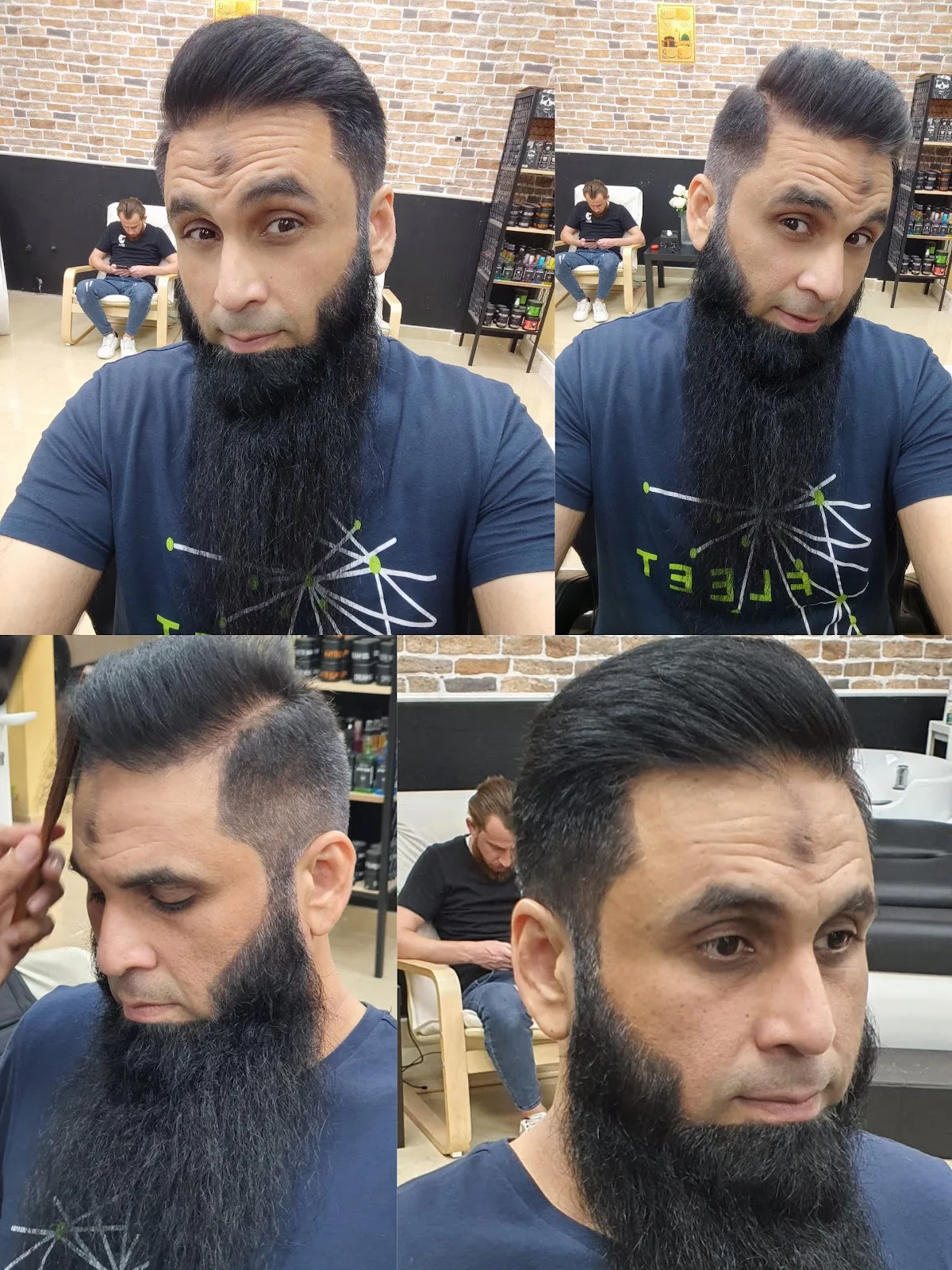 Before and after of a full beard shaped and trimmed at the saloon