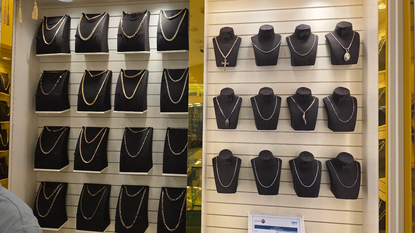Necklaces and chains on display busts at Top Pure Jewellery