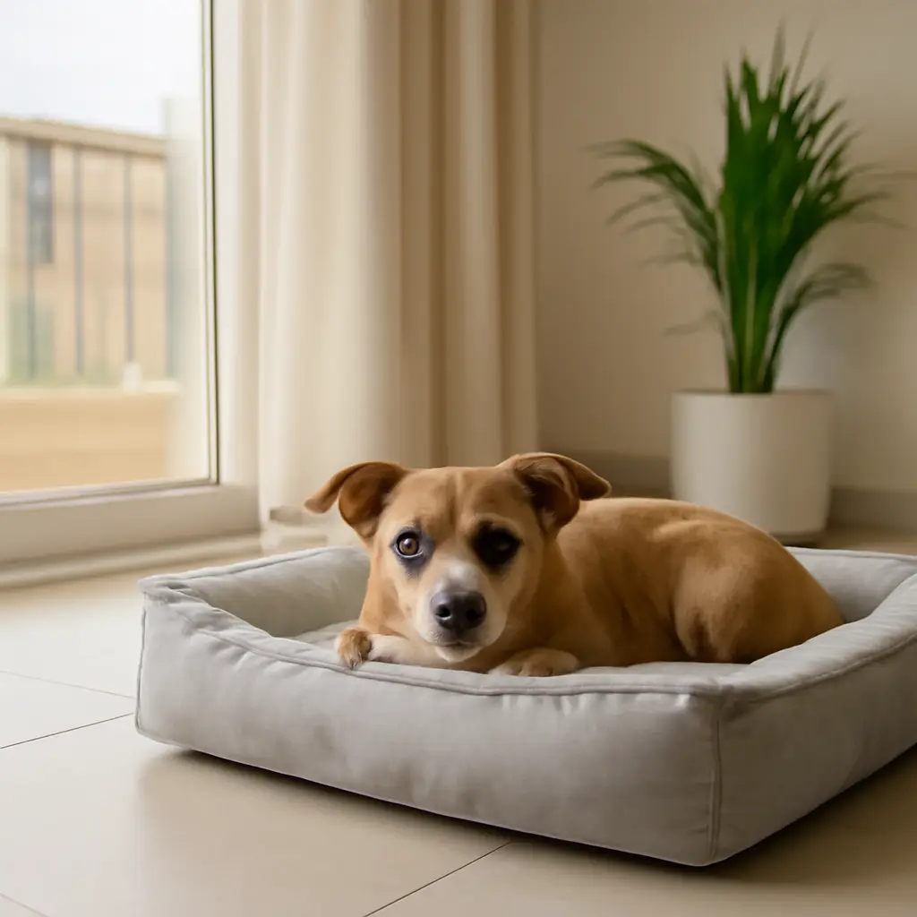 A small dog relaxing in a grey cushioned bed near a bright window