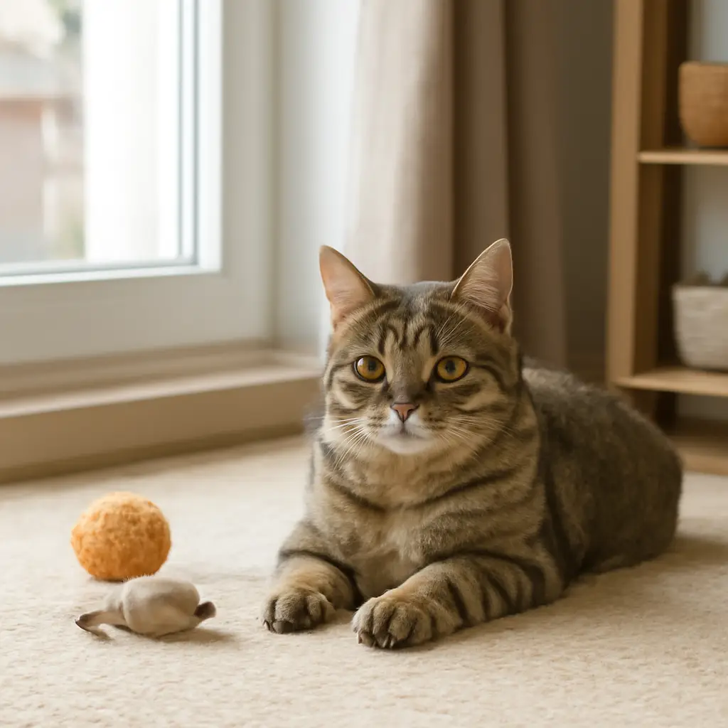 A tabby cat lying calmly beside a soft toy on a carpet