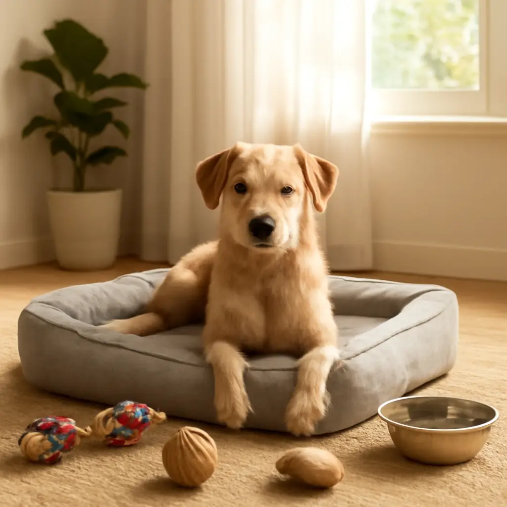 A relaxed dog lying in a soft grey cushioned pet bed in a sunlit room