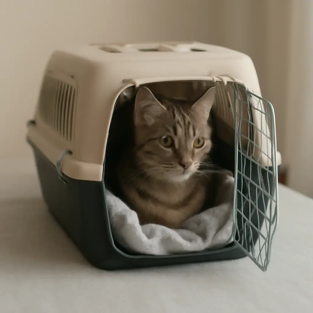 Two clean ceramic pet bowls and a water dispenser on a feeding mat