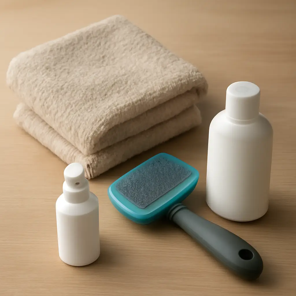 Grooming scissors and a brush resting on a folded soft towel